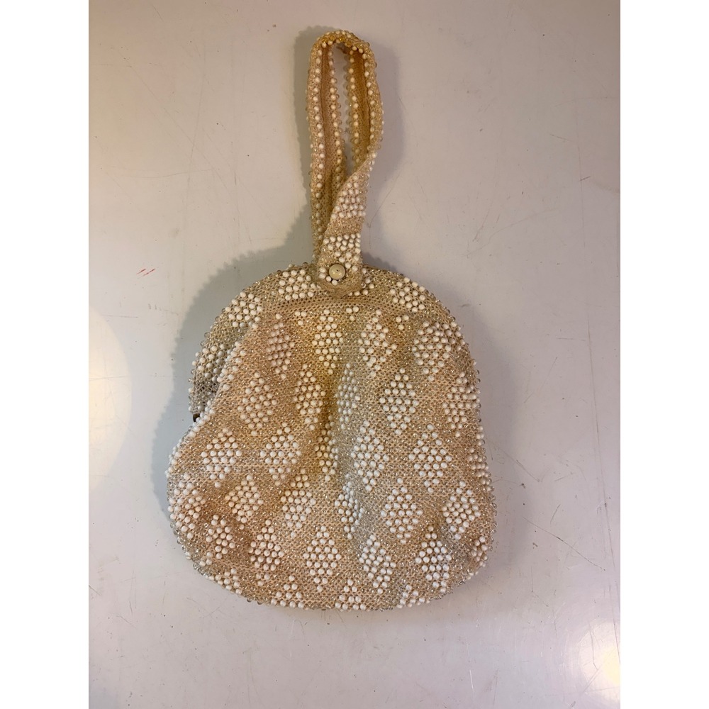 Vintage Beaded Wristlet Clutch Cream White Diamond Pattern Evening Bag 5.5" - Picture 2 of 8
